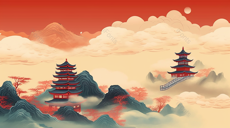复古中国风古建筑风景画,插画/手绘图,插画/手绘图库,插画/手绘图下载,插画/手绘